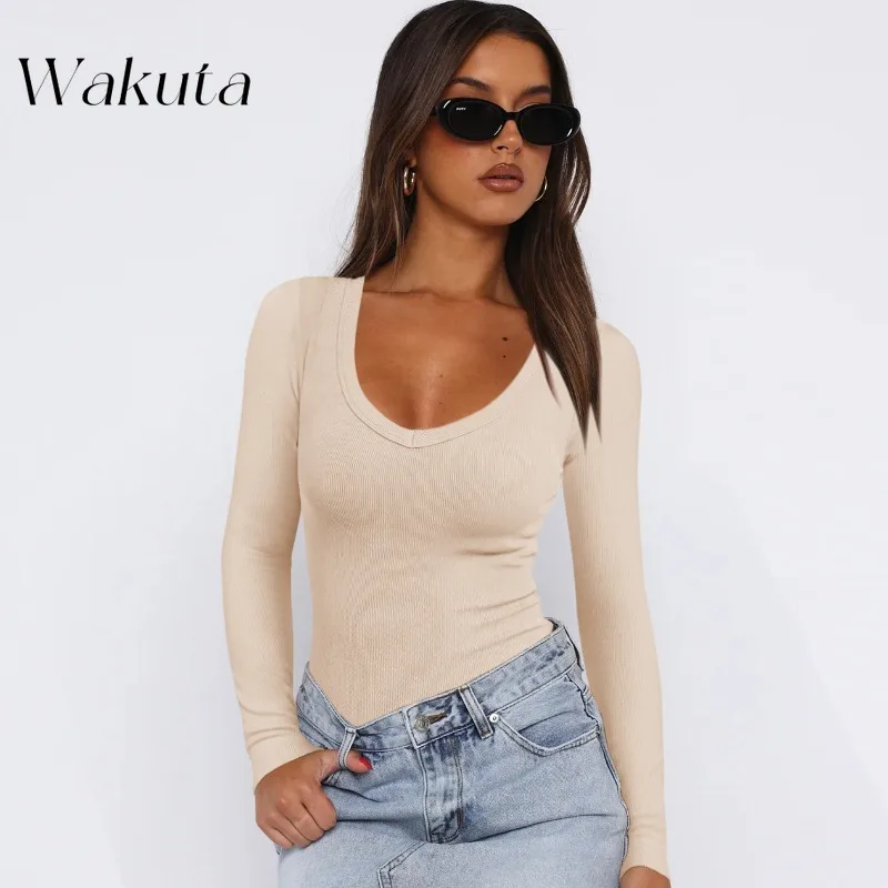 WAKUTA Vintage U-neck Long-sleeved Versatile Classic Y2K Knit Sweaters Pull Coreen Slim Top Versatile Streetwears Свитер Женский