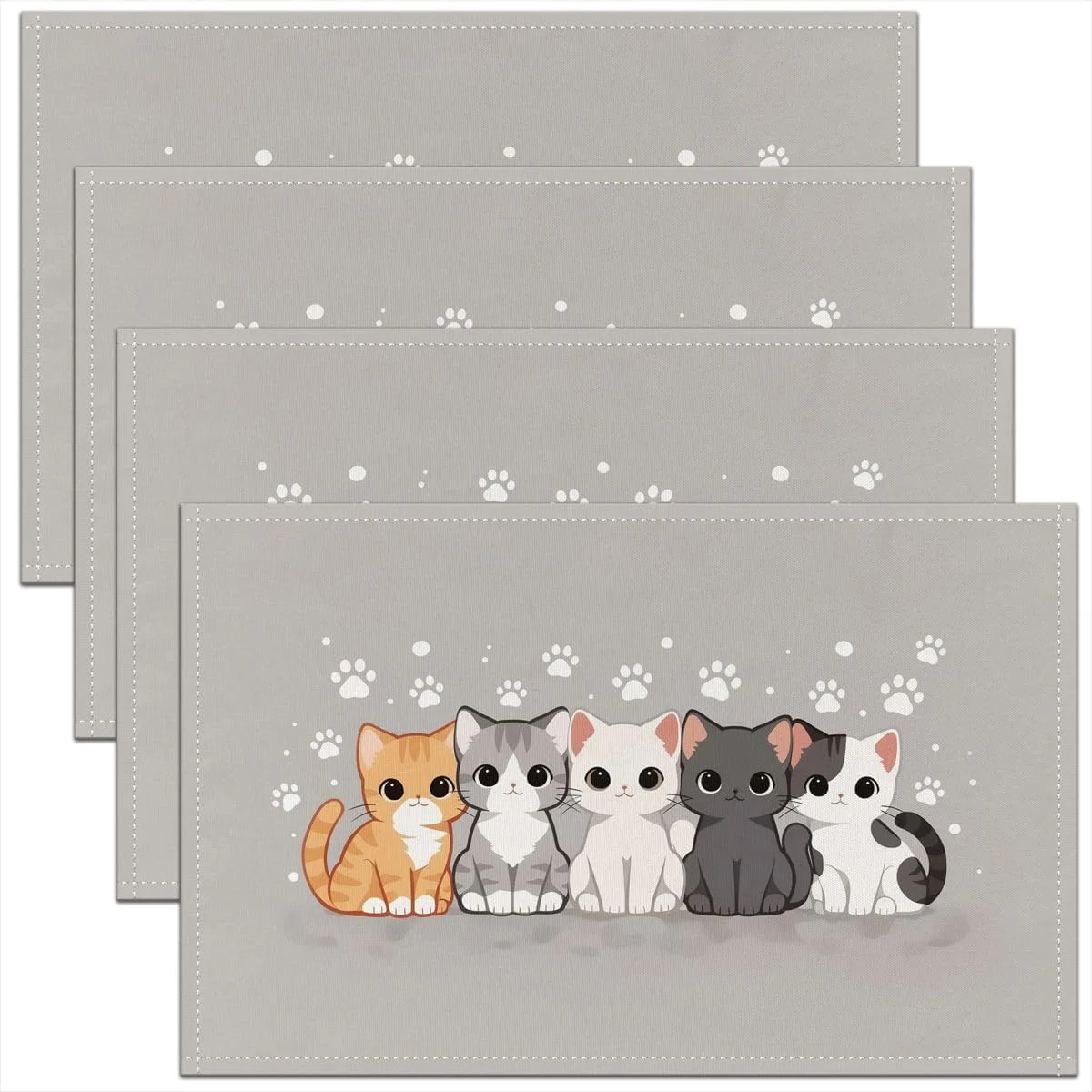 4/6/8pc Cute Cartoon Cat Linen Placemats Kawaii Kitten Paw Prints Dining Table Mats Washable Kitchen Place Mats For Kids