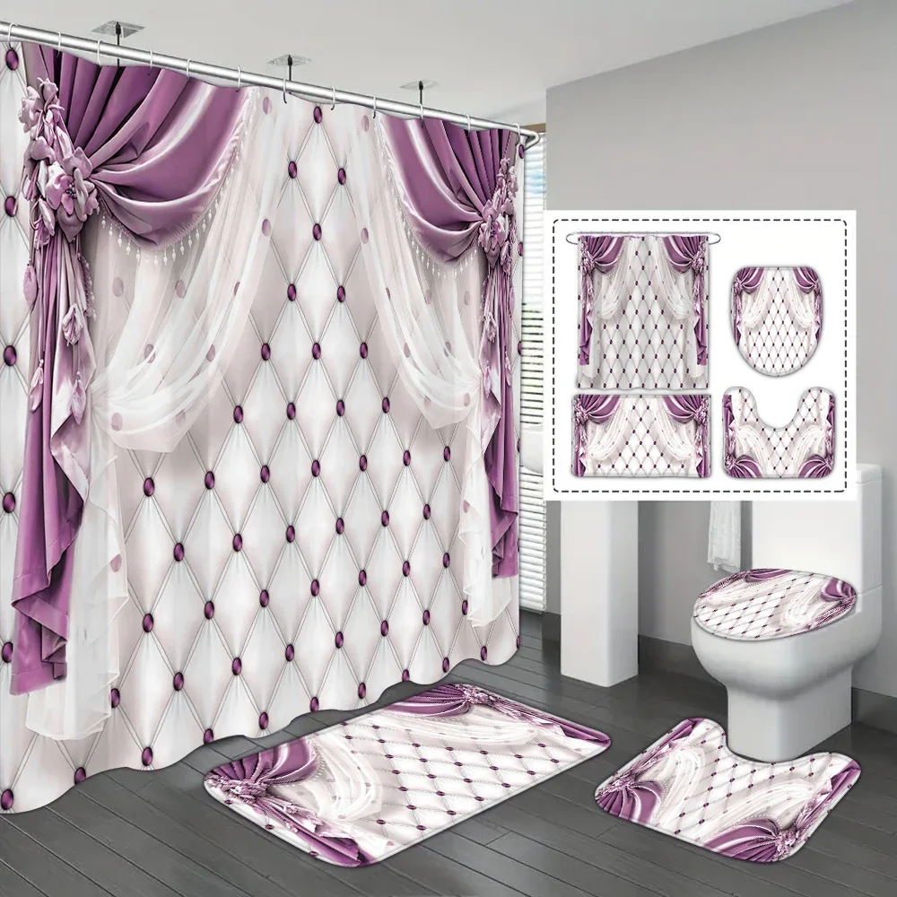 

4-piece set of imitation purple curtain diamond grid printed waterproof shower curtain, with 12 hooks and bathroom floor mats
