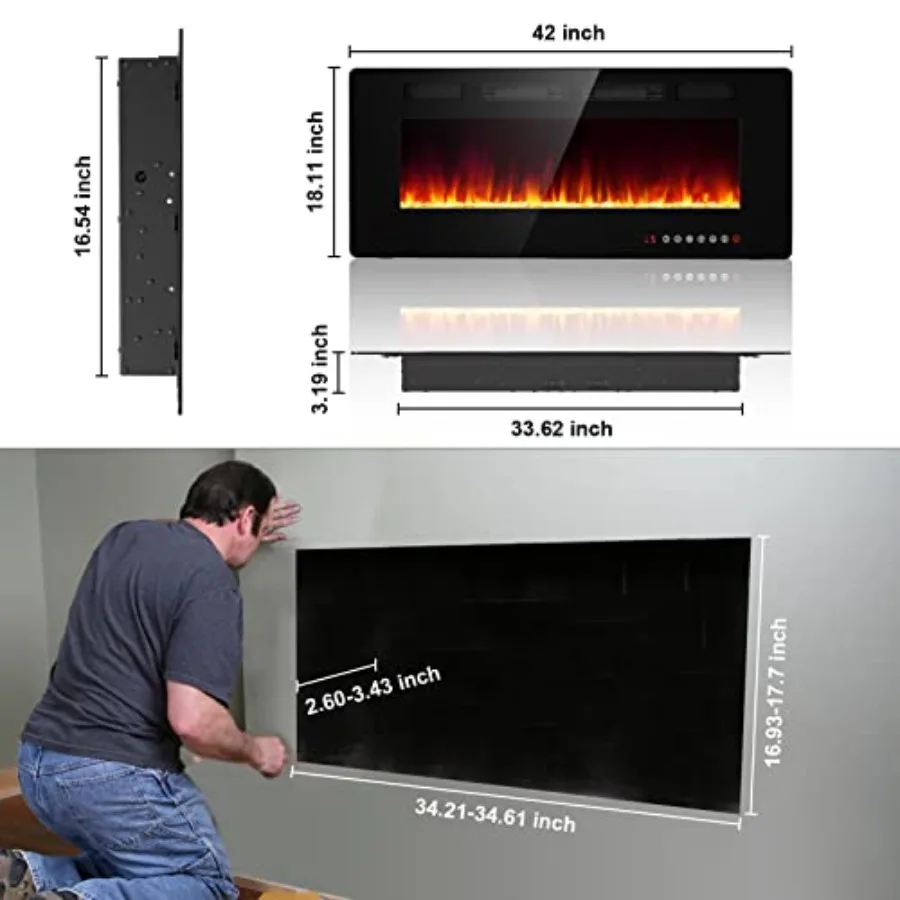 42 Inserto per caminetto elettrico ultra sottile con certificazione ETL per installazione da incasso o da parete con effetto fiamma 3D
