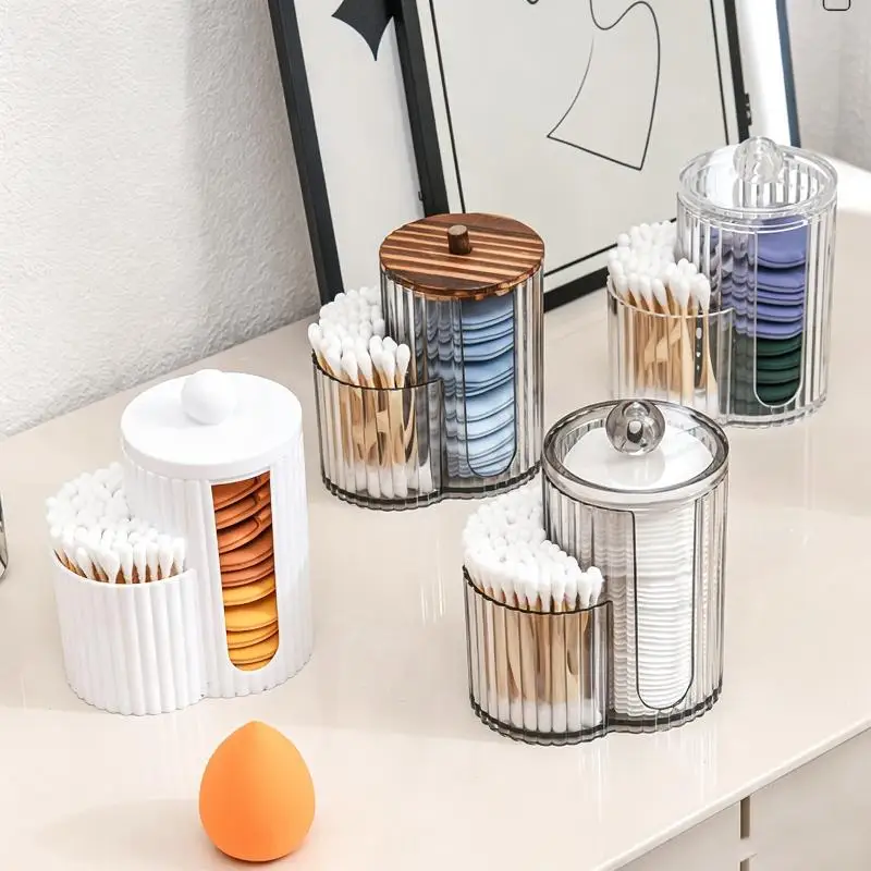 Makeup Pad Holder with Lid Cotton Swab Storage, Bathroom Storage Canister Clear Plastic 2-in-1 Dual Compartment Bathroom Vanity
