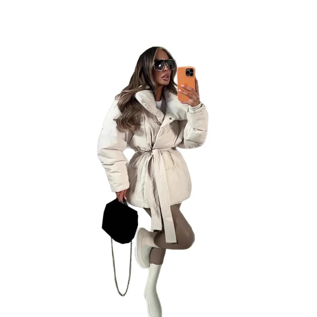 معطف نسائي منتفخ كبير بياقة طية صدر السترة وحزام الخصر متوسط الطول سترة شتوية دافئة موضة ملابس خارجية مبطنة فضفاضة