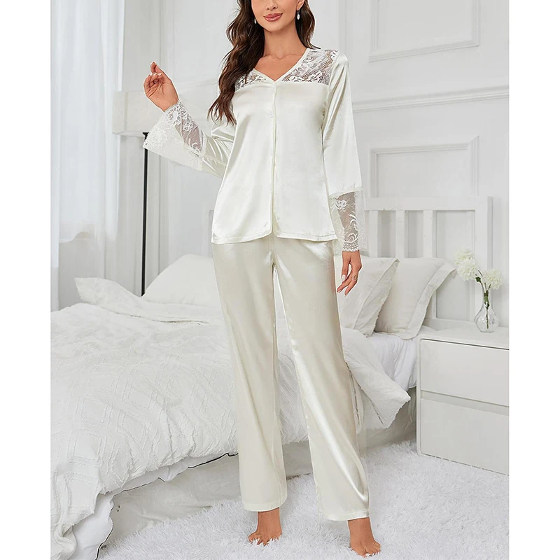 Autumn White Sleepwear Lace Patchwork Long Sleeve Trousers Pajamas Women\'s Set Loose Women\'s Pajamas Home Wears 2Pcs Nightwear