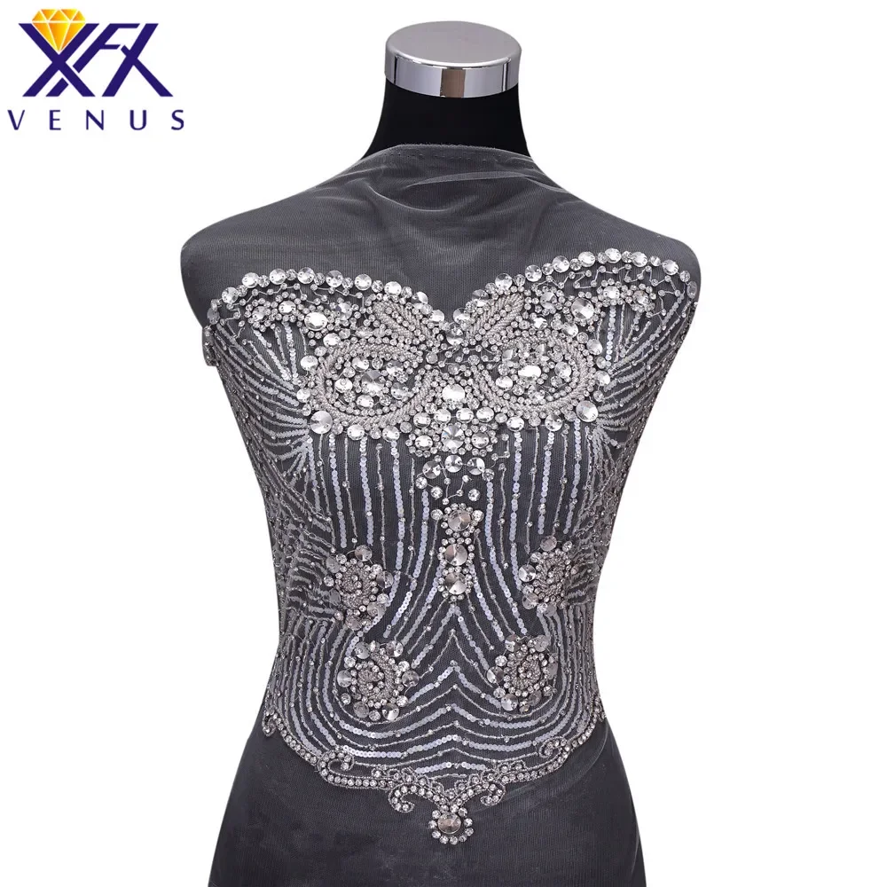 

XFX VENUS 1 Piece Handsewn Silver Rhinestones Applique Beads Patches Large Size Trimming Motif for Women Clothes Fabric Garment