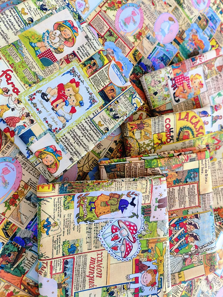 Cotton Fabric Retro Cartoon Newspapers and Comics Printed for Sewing Children\'s clothing Bedding Decoration by Half Meter