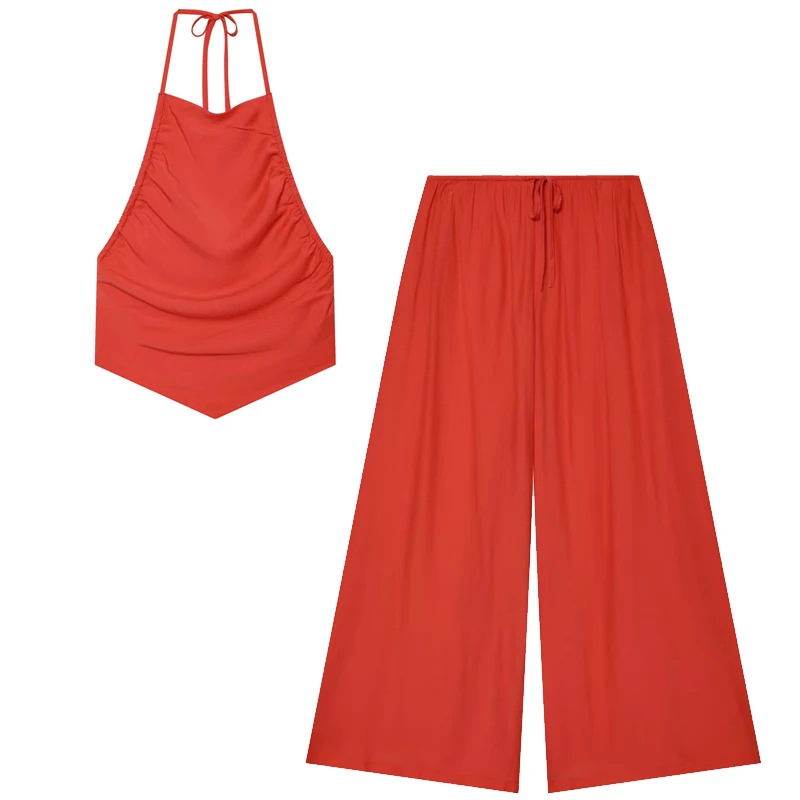 HXAO Red Women's Pants Suit Summer Baggy Wide Leg Pants Lace Up Vacation Beach Woman Fluid Pants Mid Waist Palazzo Trousers
