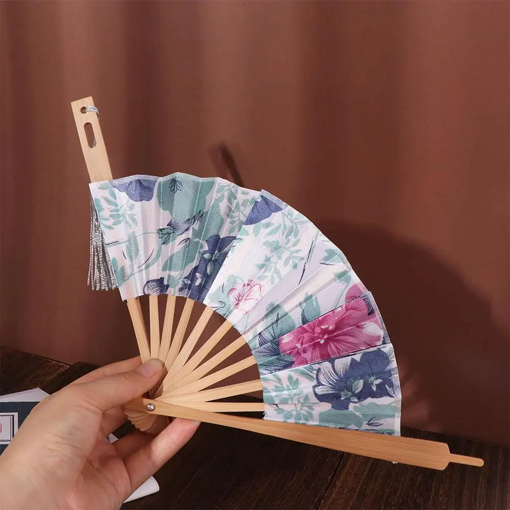Home Decor Round Folding Hand Fan Bamboo Handle Exquisite Windmill Fan Elegant Classical Chinese Fans Lady