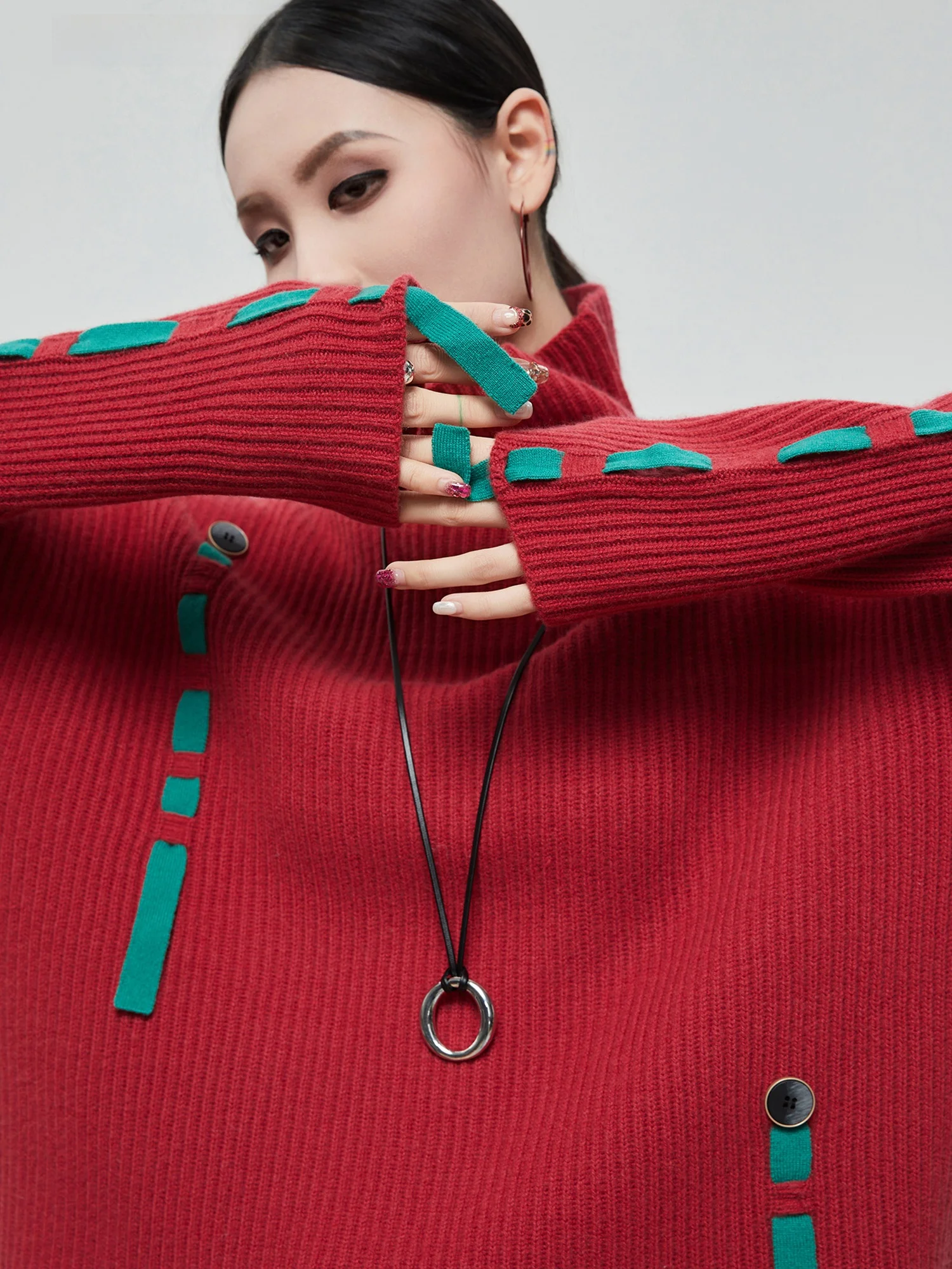 

Модный женский свитер Cisas Aosphere с высоким воротником, красный, с поясом, вязаный топ, трендовый дизайн