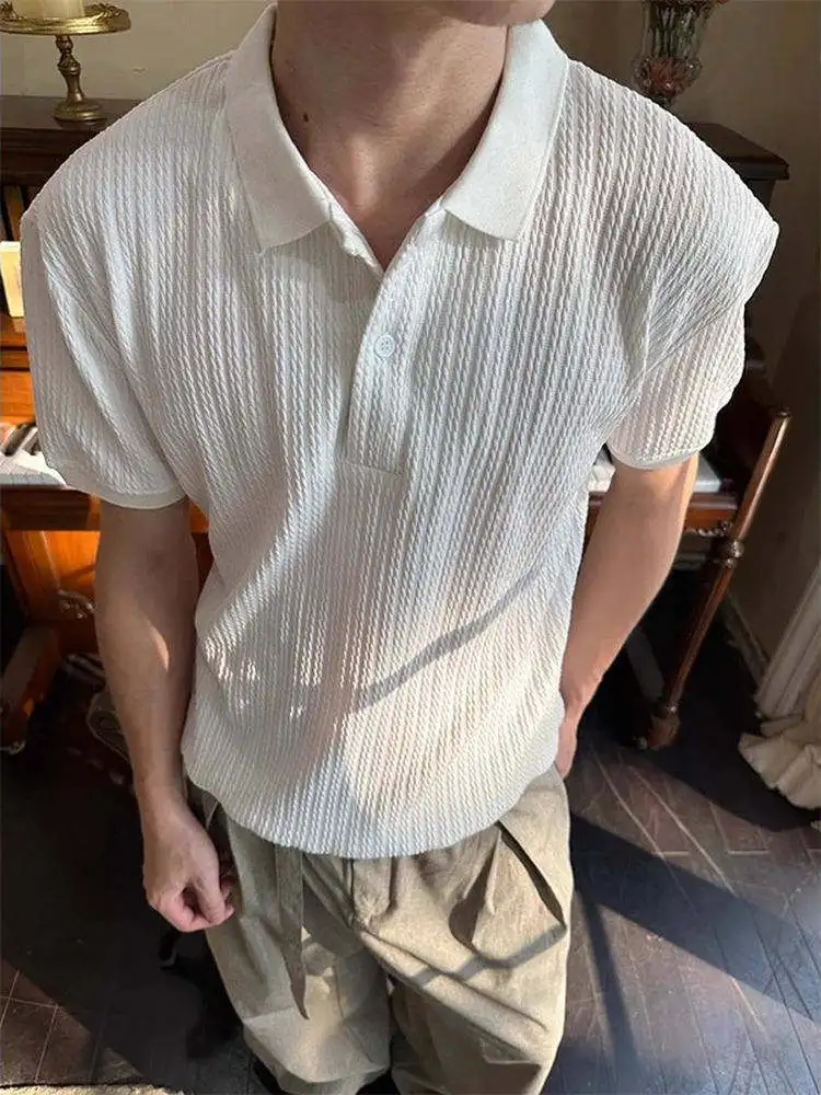 Men's Short Sleeve  Shirt CleanFit Commute Henry Collar Vertical Relief T-Shirt Casual Shoulder Youth Summer Fashion