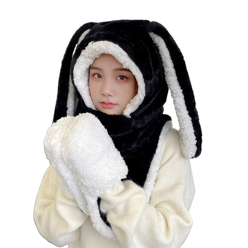 Adorável chapéu coelho orelhas compridas cachecol grosso inverno quente pelúcia luvas com capuz bolso earflap chapéu traje