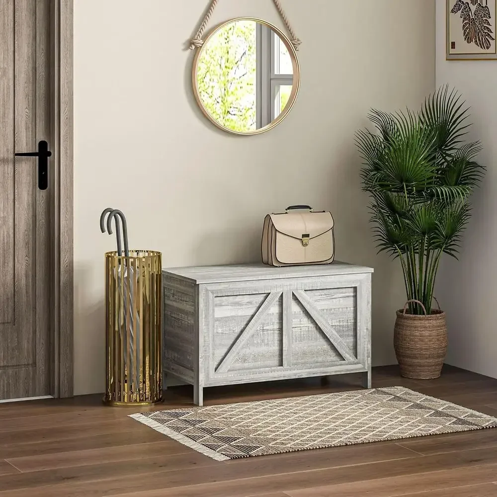 Gray Wood-Grain Storage Bench with 100° Hinge, 30 Armhouse, Lit Top Chest for Bedroom, Entryway, Living Room