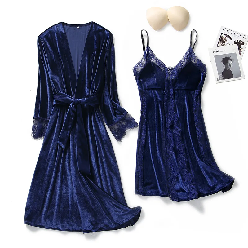 Autumn Winter Velvet Twinset Robe Set Women Sleepwear Sexy Patchwork Lace Nightgown Kimono Bathrobe Gown Loose Velour Home Dress