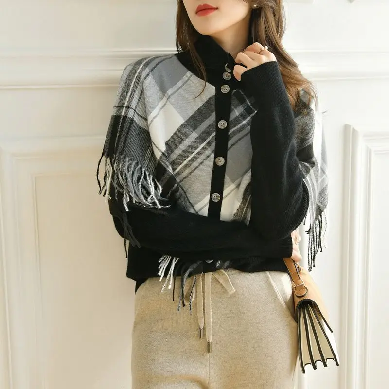 Autumn and winter 2022 scarf shawl knitted lady tassel false two piece sweater coat cardigan fashion