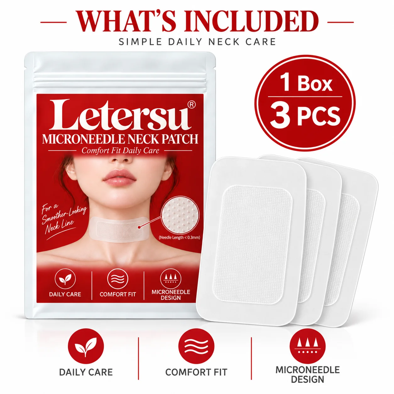 3PCS Microneedle Neck Patches, Micro Needle Neck Care Stickers, Comfortable Fit Ultra Thin Beauty Patches for Daily Night Care