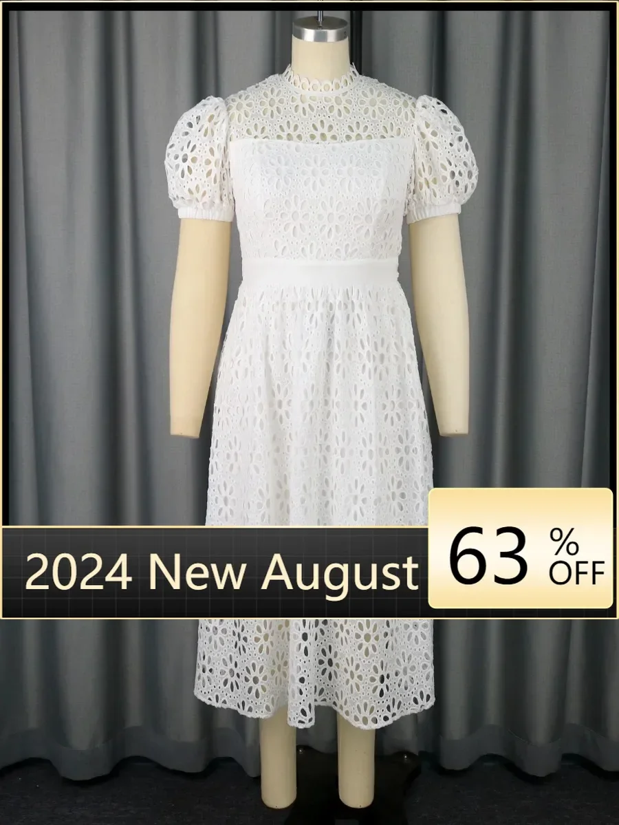 

2024 Summer Women's Dress White Lace Evening Dress Retro Perspective Round Neck Dress Bubble Sleeves Sexy Party Elegant Robe