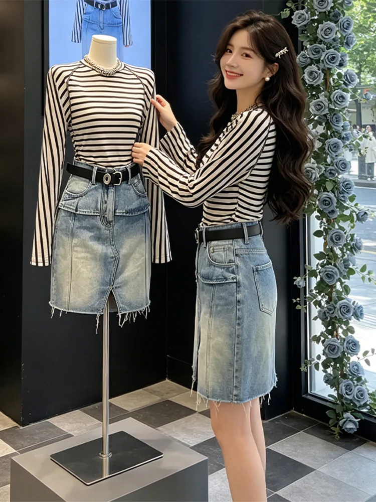

Summer New Stripe Color Block Long Sleeve T-Shirt High Waist Split Jeans Skirt Set Women's Fashion Casual Comfortable Two-Pie...