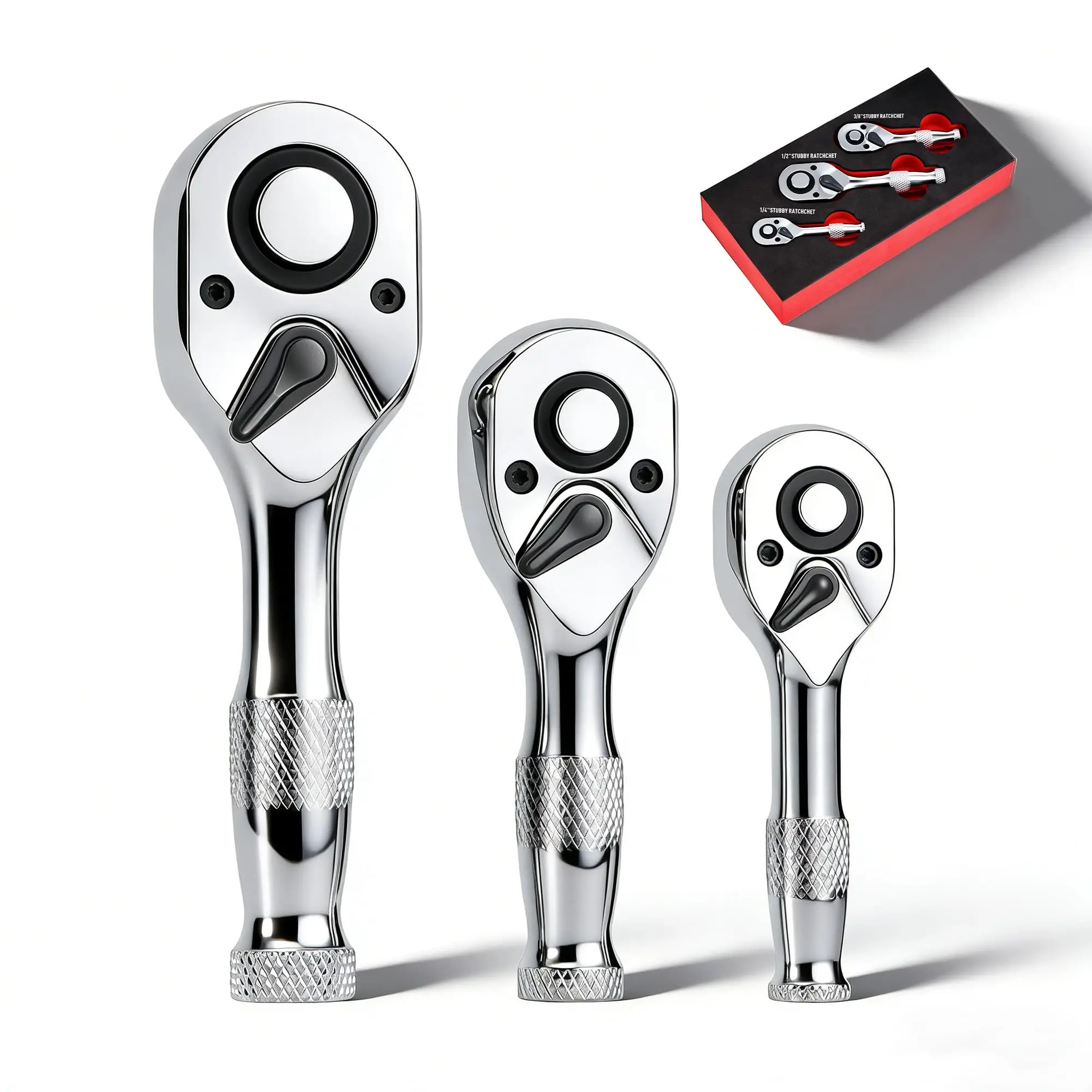 

3-Piece Stubby Ratchet Set, 1/4", 3/8", 1/2", 72-Tooth Mini Driver Ratchet Wrench Set, Chrome-Plating & Polishing, Quick-Release