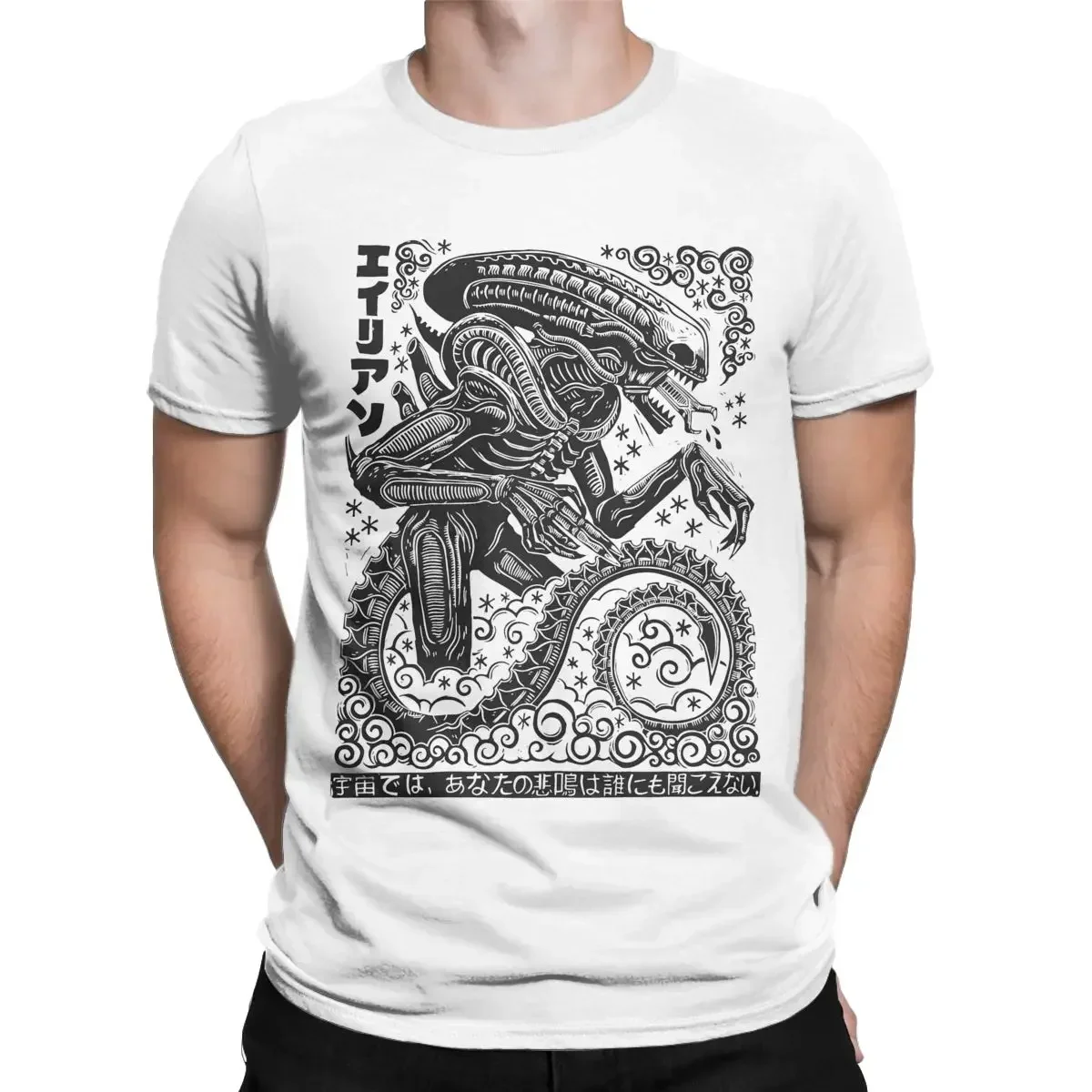 Men T-Shirt Xenomorph Linocut Alien Movie Vintage Cotton Tees Short Sleeve T Shirts Round Collar Clothing Birthday Gift