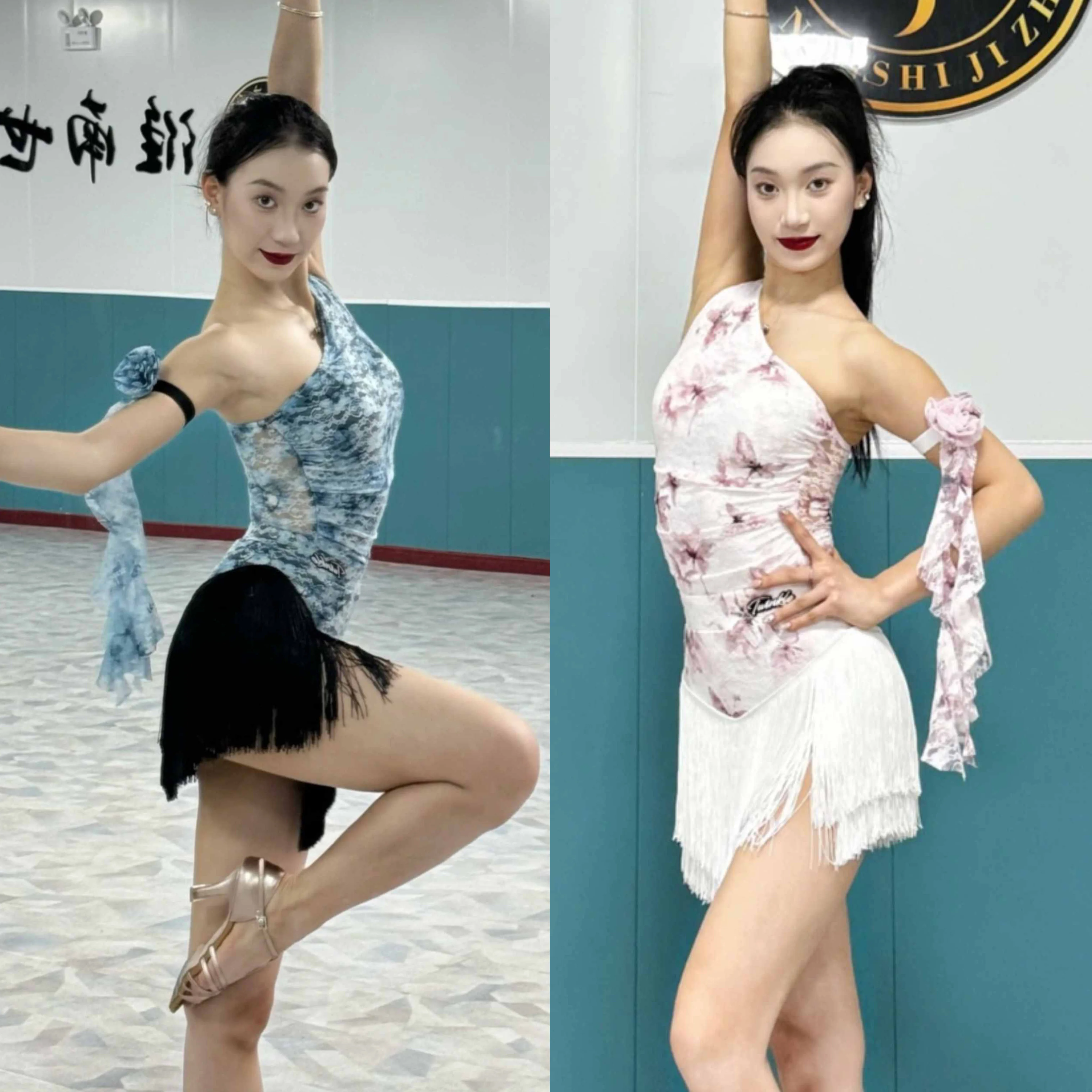 

Women Cha Cha Rumba Samba Latin Dance Clothes Slant Shoulder Tops Fringe Skirt Adult Practice Clothes Performance Wear DNV23990