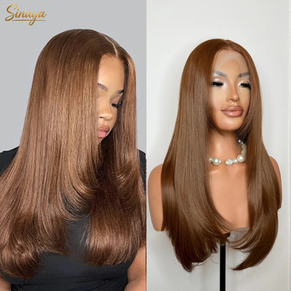 

Chocolate Brown Straight Layered Lace Front Wigs 13x4 HD Glueless PrePlucked Hd Lace Wigs Synthetic And Blend High Quality Daily