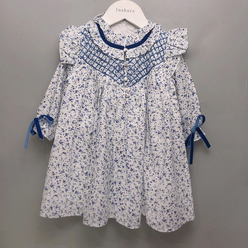 Children Boutique Clothing Summer Girls Half Sleeves Handmade Smoked Blue Floral Cotton Eid Dress Princess Skirt Siblings Outfit