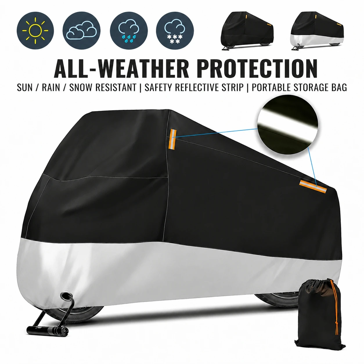 210D Polyester Motorcycle Cover Black Silver Splicing Waterproof Anti UV All Weather Protector With Night Reflective Strips