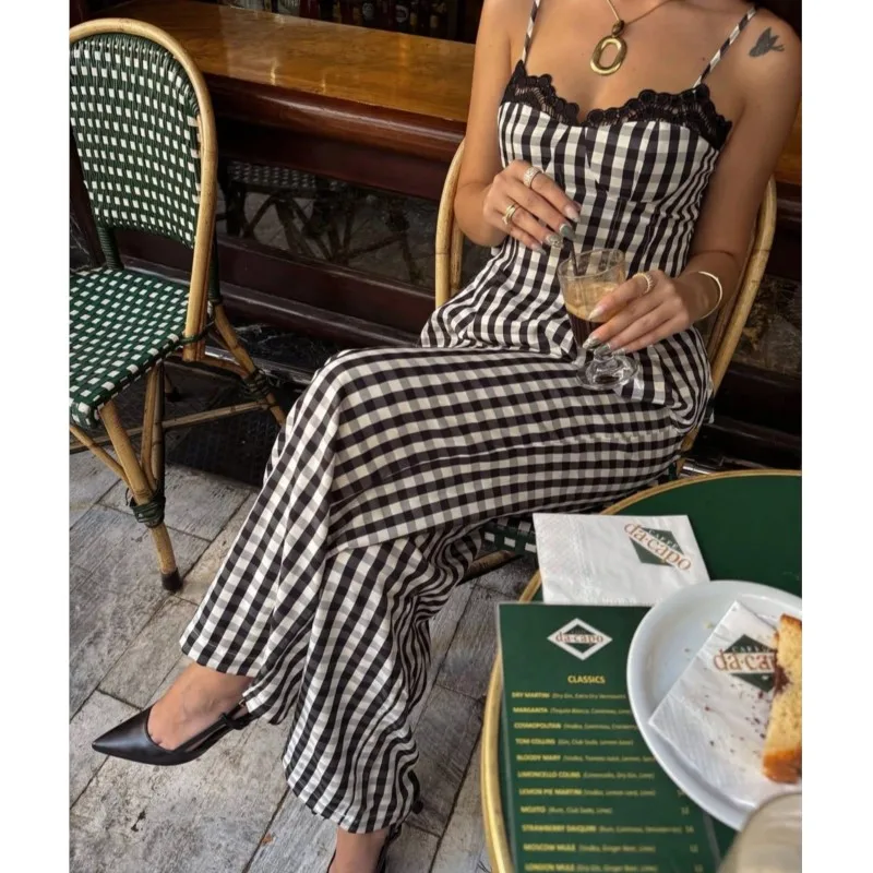 

Lady Fashion Checkered Printed Two Piece Set Sexy Lace Splicing Design Top+Wide Leg Pants Set Women's Foreign Style Sling Outfit