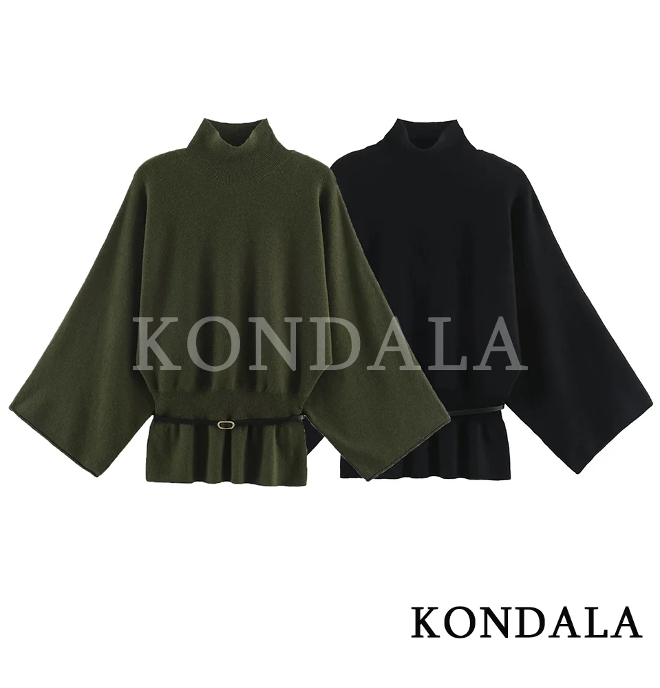 KONDALA Women Fall Elegant Belt Knitted Tops Chic Casual Turtleneck Sweater 2026 Autumn Trendy High Street Commute Waisted Tops
