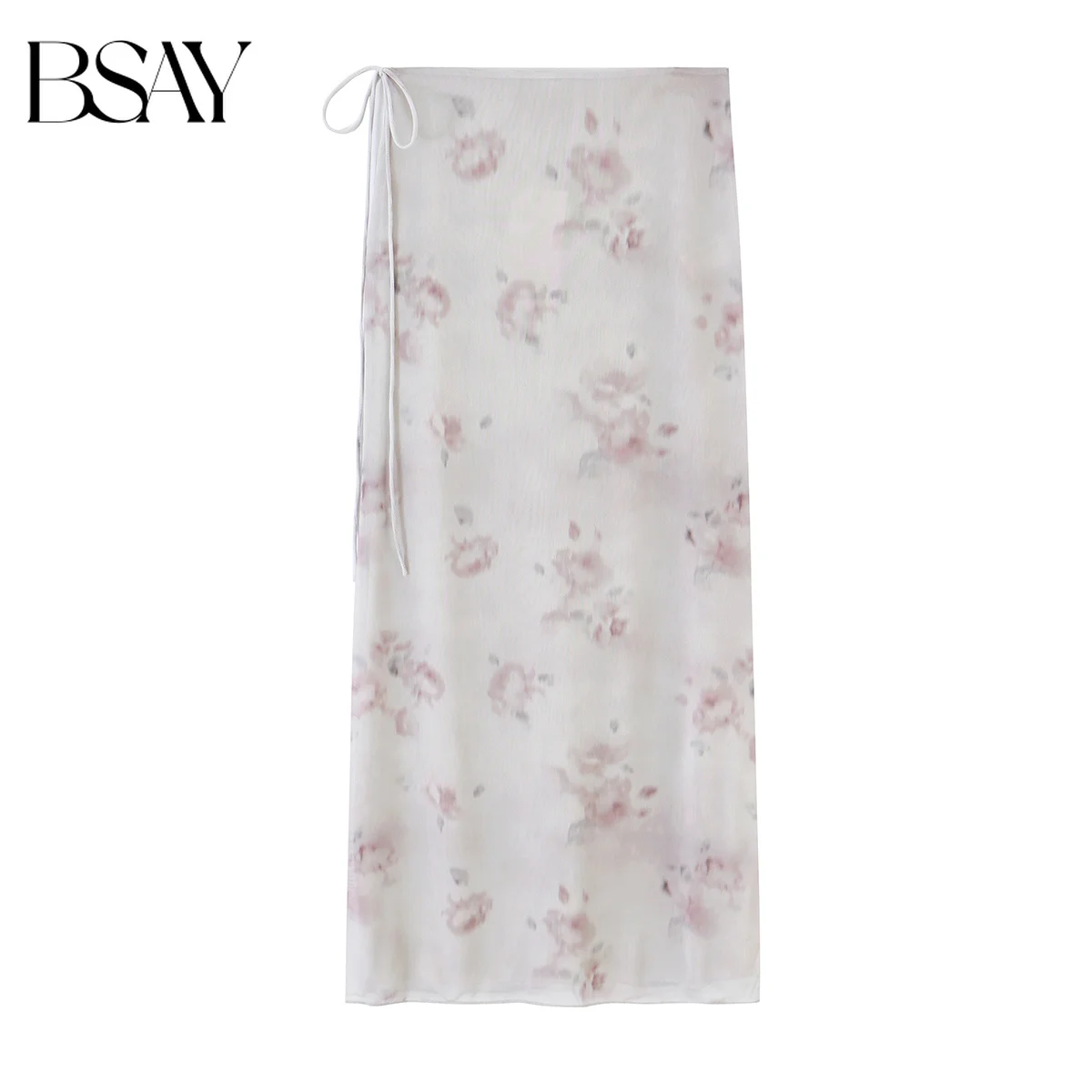 BSAY 2026 Summer Fashion French Romantic Wrap Midi Skirt  Watercolor Floral Mesh Side Tie High Waisted Elegant Midi‑Long Skirt