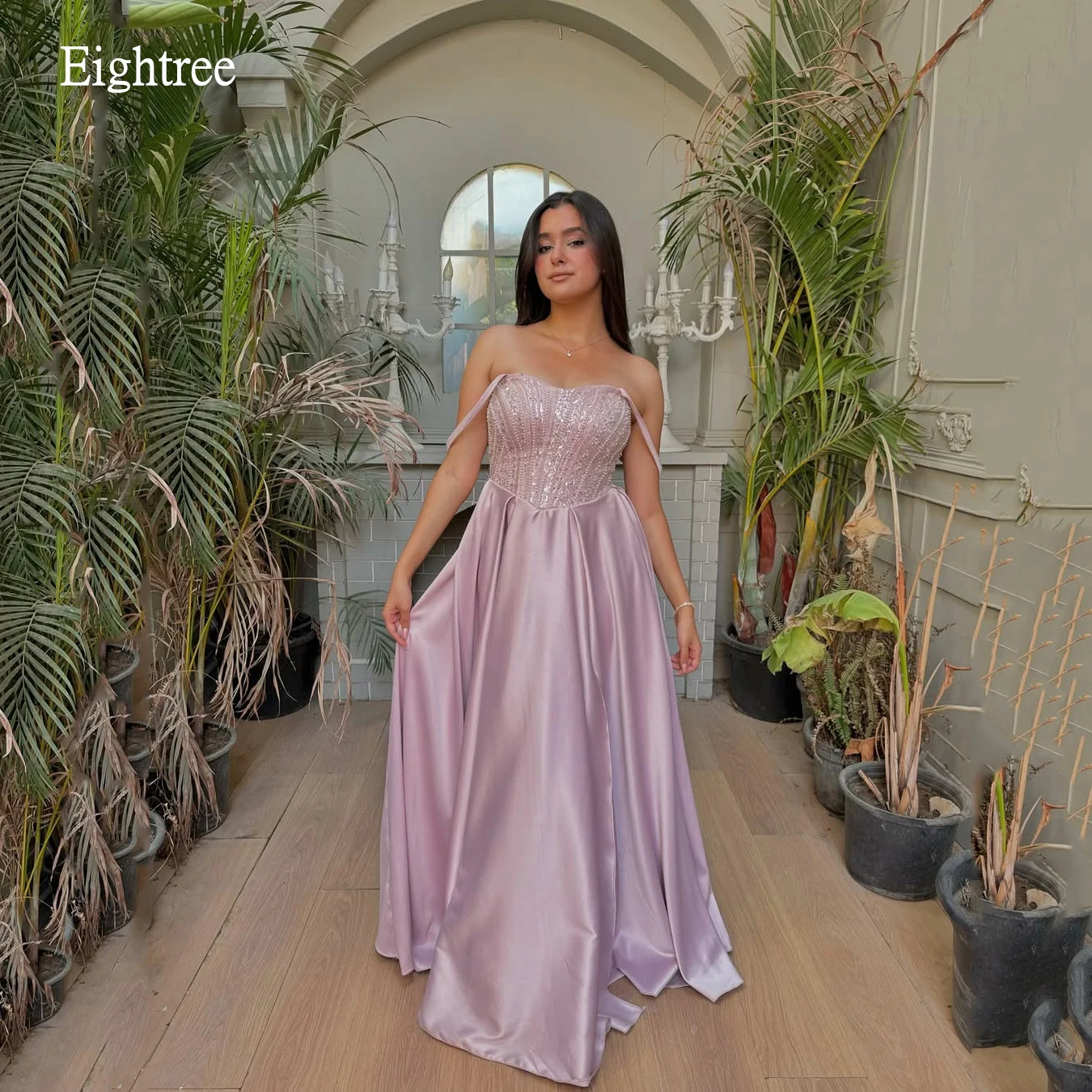 

Eightree Shiny Lavender A Line Formal Prom Gowns Bead Off The Shoulder Evening Dress Side Slit Women Party Dresses Customized