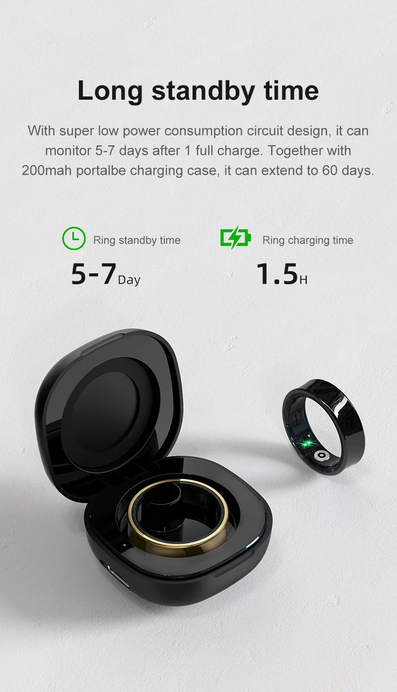 R09 Smart Ring Männer Frauen mit Lade Fall Herzfrequenz Blut Sauerstoff 5ATM Wasserdicht SmartRing Für Xiaomi Samsung Android IOS – Detail 13