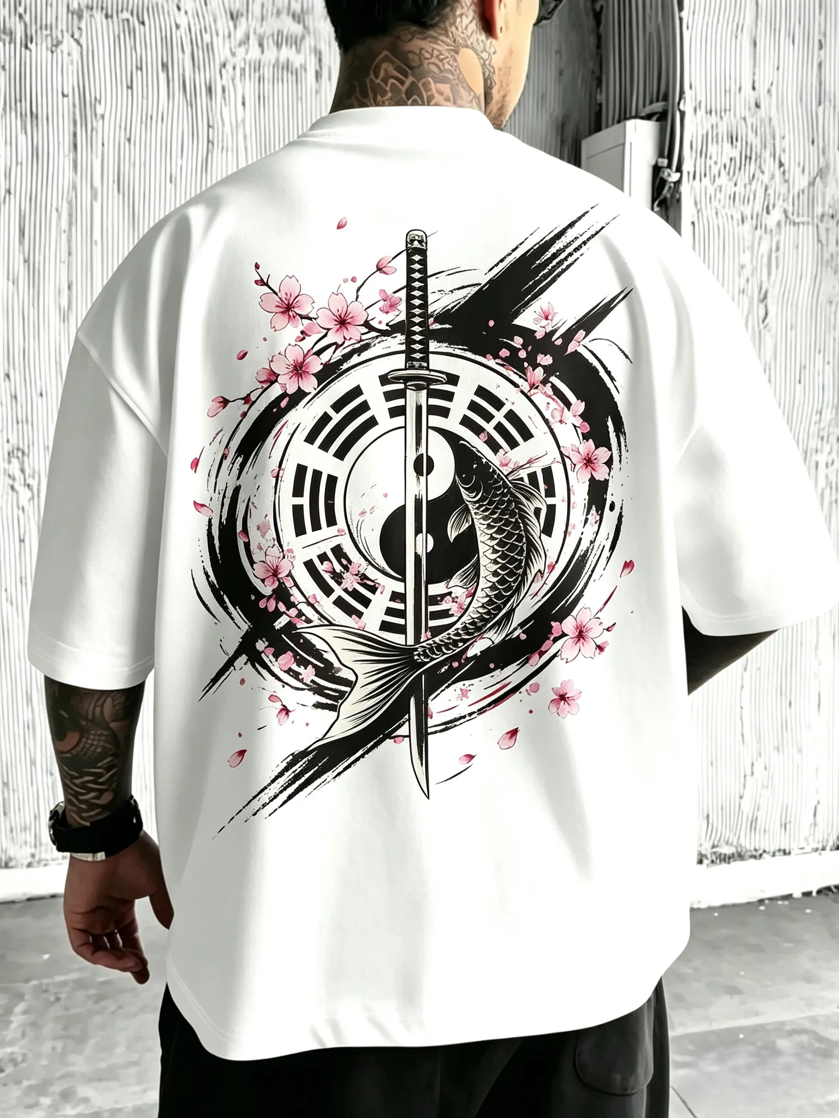 Unisex Koi Fish Katana Yin Yang Bagua Sakura Brush Stroke T-Shirt Men Women Oriental Ink Back Print Tee Harajuku Oversized Streetwear Short Sleeve Tops
