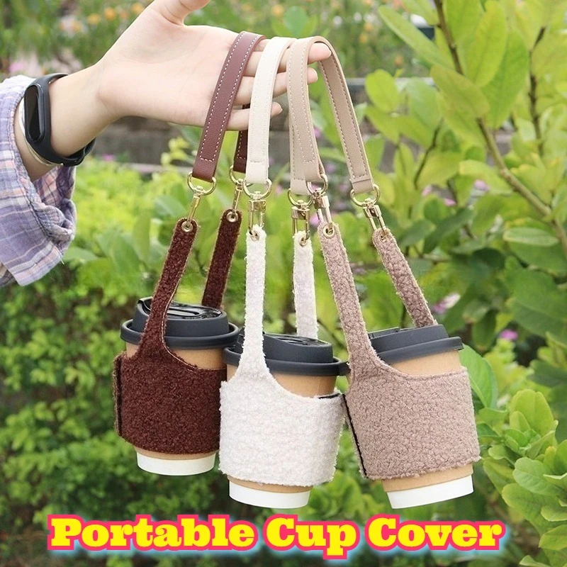 

Winter Teddy Fleece Embroidery Cup Sleeve Insulated Coffee Travel Handheld Portable Mug Cover Eco Friendly Plush Tea Accessory