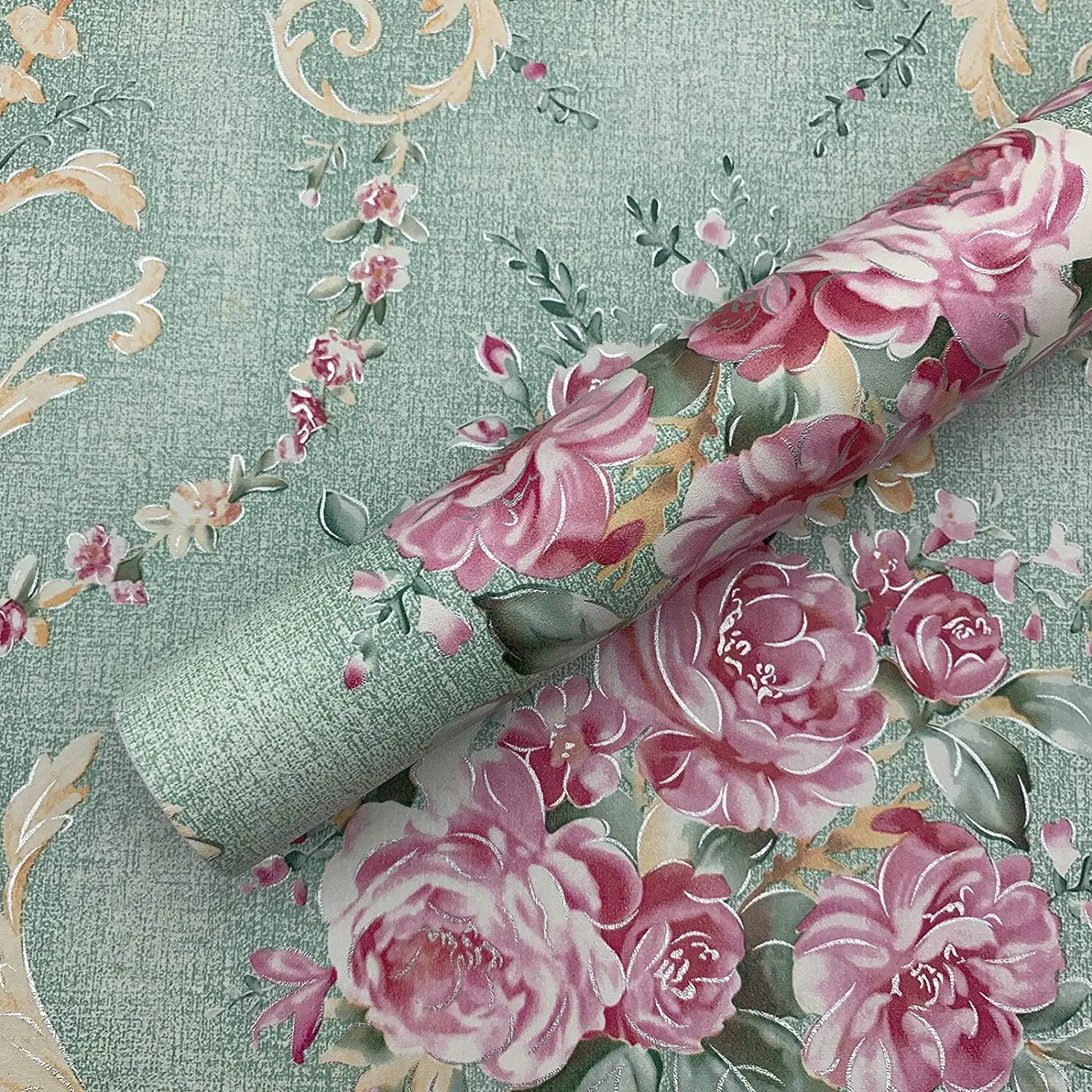Grüne Blumen-Tapete zum Abziehen und Aufkleben, Retro-Tapete mit blühenden Blumen, Vintage-Kontaktpapier, abnehmbare, selbstklebende Tapete