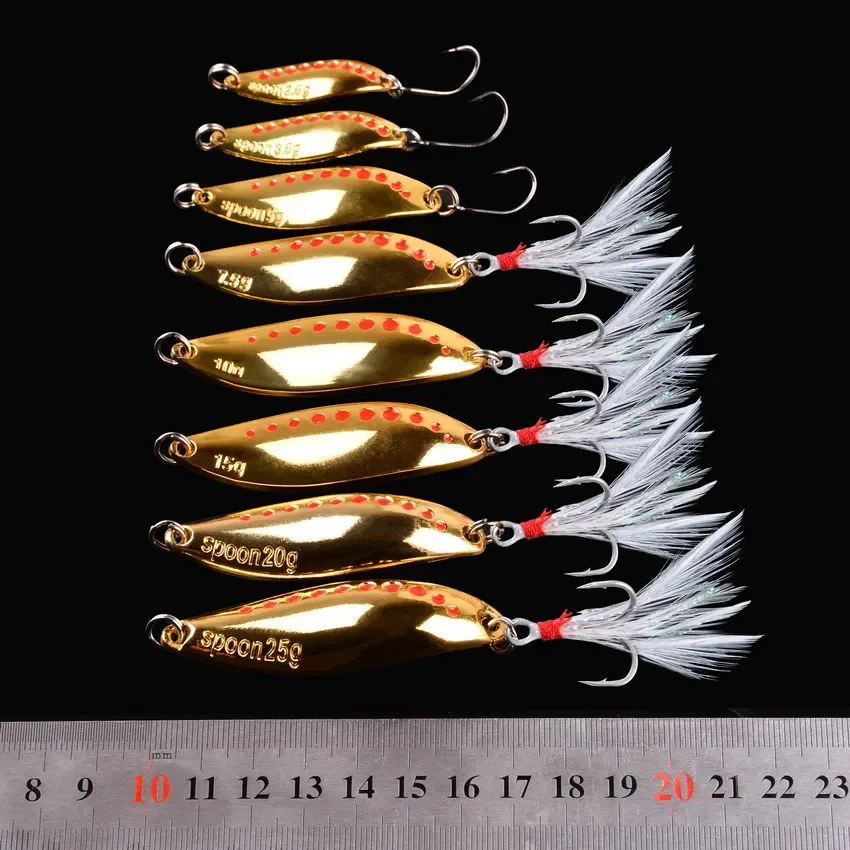 1Pcs Metal Spinner Spoon Fishing Lures 2.5g-30g Gold Silver Artificial Bait With Feather Treble Hook Trout Pike Bass Tackle