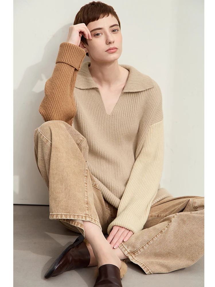 Amii zimowe ubrania damskie 2024 sweter z długim rękawem opadające ramiona dekolt w serek luźne dzianinowe topy Patchwork Office Lady swetry 12444193