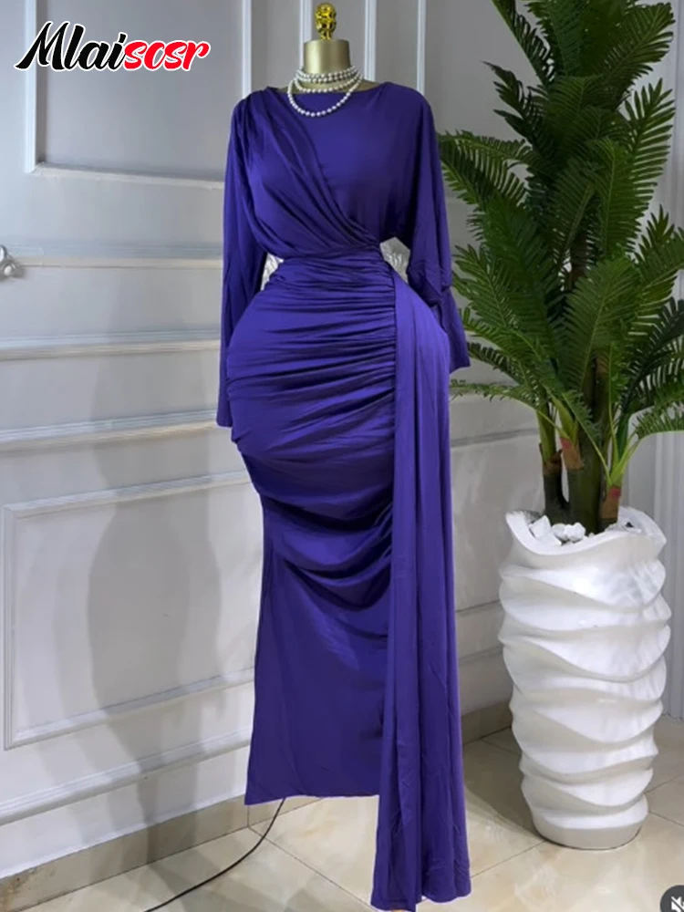

Mlaiscsr Vacation Party Dress for Women Full Sleeve Ruched Stacked Bodycon Ribbon Purple Long Dress Elegant Birthday Prom Robe