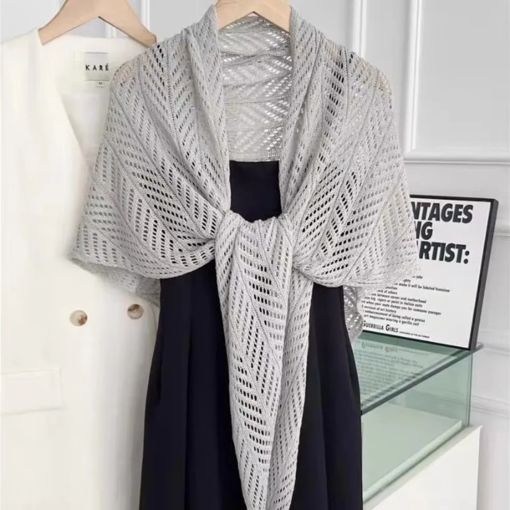 

Summer Hollow Out Knitted Triangle Scarf Sun Protection Solid Color Vacation Shawl Breathable Thin Cardigan Cape