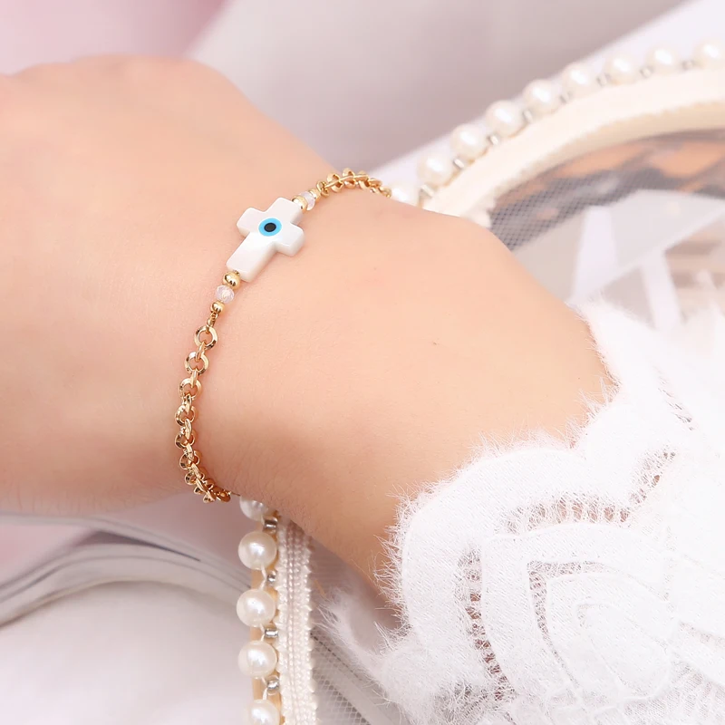 Fashion Jewelry Women's Gift High Quality 18k Gold Plated Sea Mother Shell Double Sided Shell Cross Blue Devil's Eye Bracelet