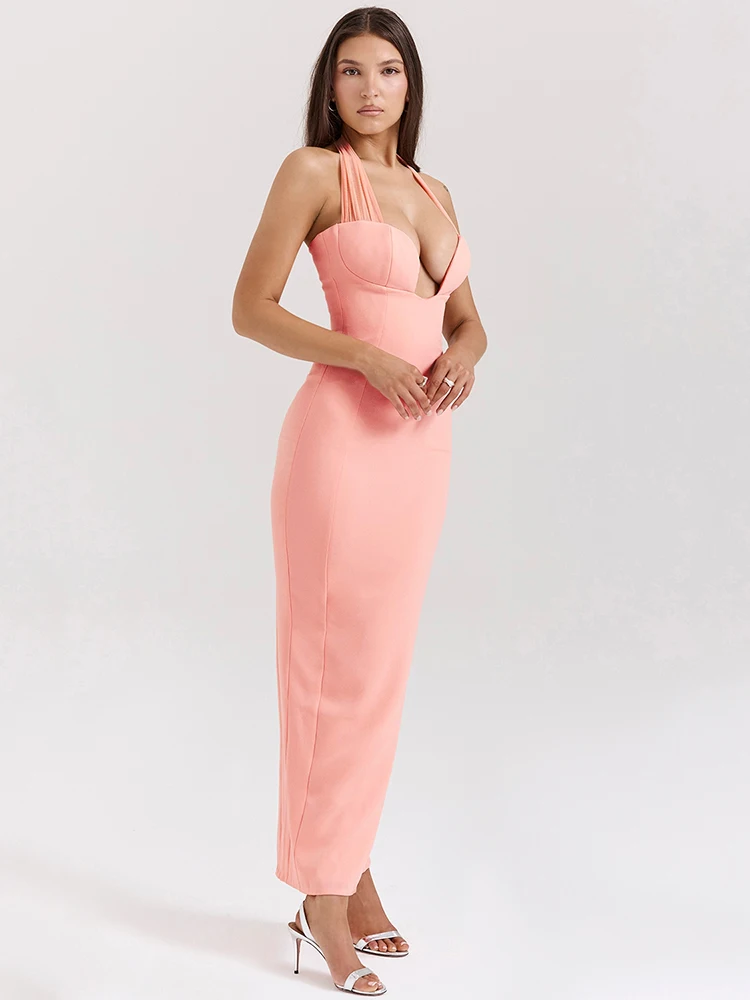 Mozision Strapless Halter Sexy Maxi Jurk Voor Vrouwen Mode Uitgesneden Mouwloze Rugloze Bodycon Club Feest Lange Jurk Elegant