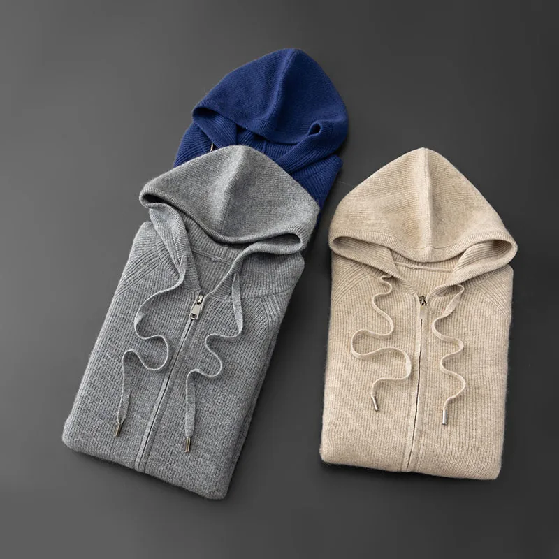 Men's 100% Cashmere Hooded Cardigan Knitted Sweater Warm Comfortable Lightweight Winter Fashion Men's Cashmere Sweater