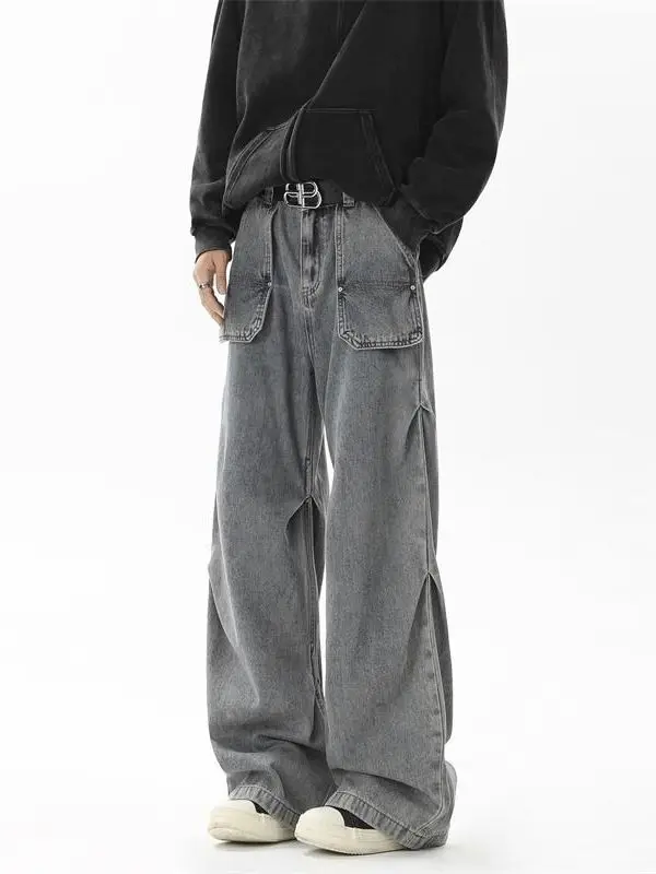 

Retro Waed American Cool Design Men's Denim Jeans Autumn New Loose Straight Leg Wide Leg Pants Torn Detailing Casual Sle