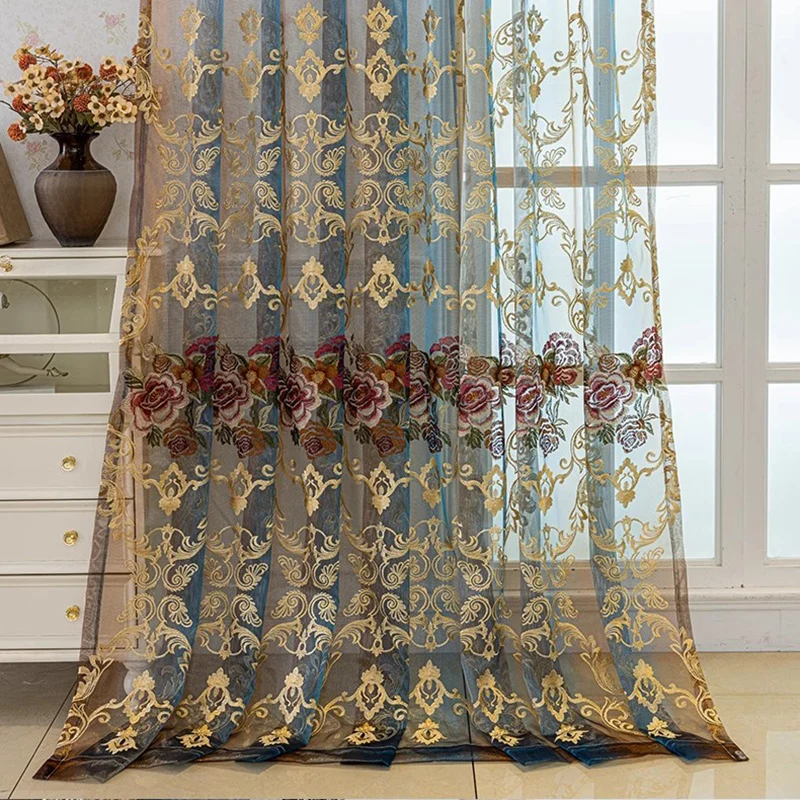 uropean Villa Upscale Hotel Luxury Home Decor Rose Embroidered Blue Brown Gradient Tulle Curtain Rod Pocket For Living Room