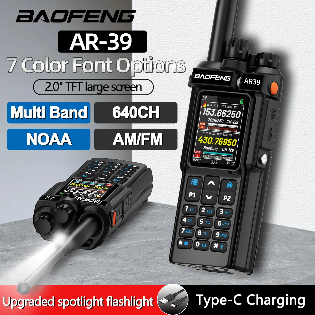 BAOFENG AR-39 Walkie Talkie Long Range Multi Band AM FM 640CH NOAA with Flashlight Wireless Copy Frequency Baofeng Ham Radio