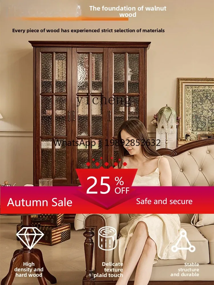 

American antique bookshelf wine storage cabinet simple all solid wood three door double door bookshelf with glass
