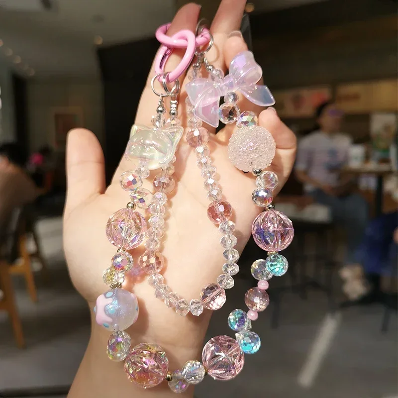 Mobile Phone Lanyard Short Crystal Beads Little Girl Wrist Hanging Chain Clip Style Double Chain Phone Case Anti Loss Lanyard