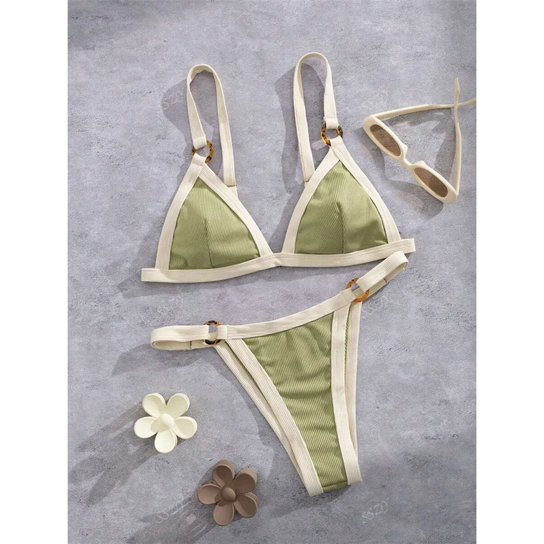 Gestreifter Bikini mit Riemchen, Damen-Badebekleidung, zweiteiliger Bikini-Set, hoch geschnittene Beine, gepolsterter Badeanzug, Badebekleidung, Schwimmbekleidung V7694 – Detail 7