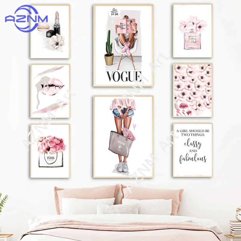 1PC ,Rose perfume girl pocket lip print canvas art girl room decor