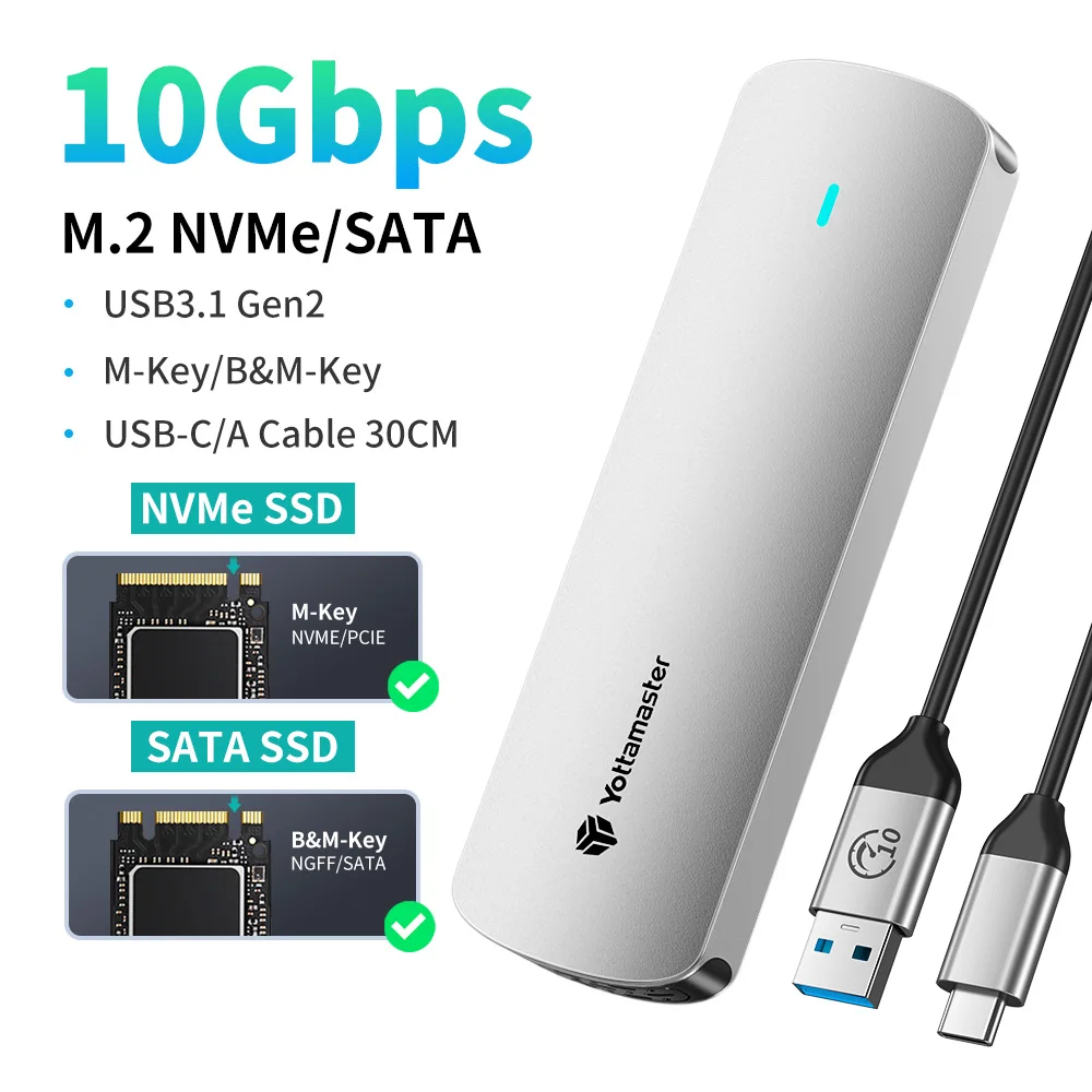 Yottamaster SATA M.2 NVMe SSD-Gehäuse Dual-Protokoll NVMe zu USB Adapter USB 3.1 Gen2 USB-C Externes Gehäuse Aluminiumlegierung