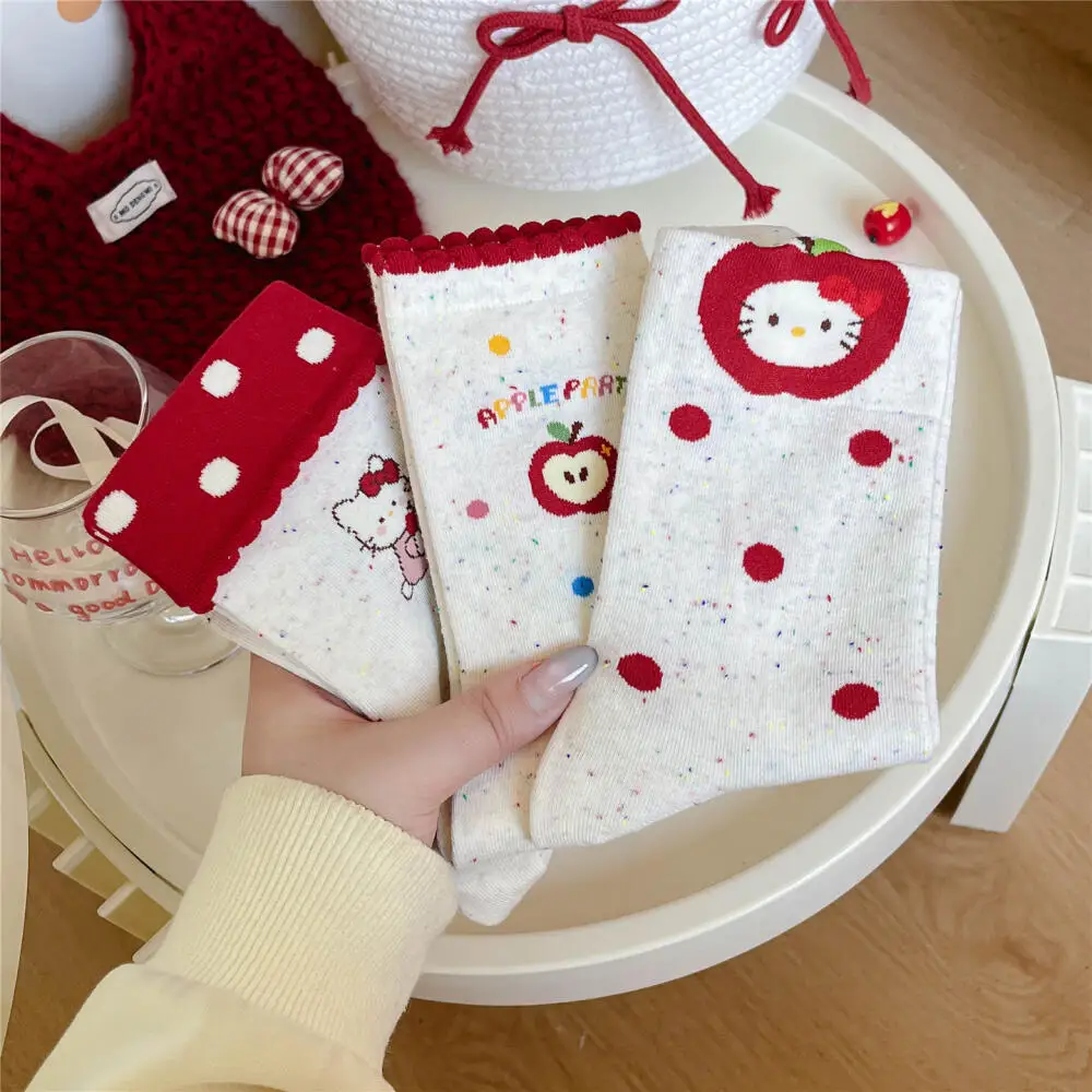 

Sanrio Hello Kitty Cartoon Polka Dot Socks for Women Autumn Winter Sweet Girly Style Japanese Mid-Calf Cotton Socks for Women